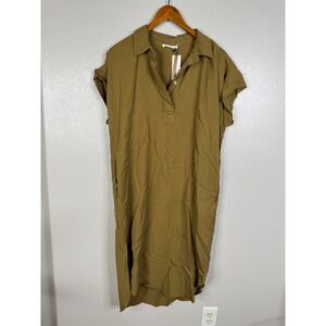 Parfois Olive Green 100% Lyocell Midi Shirt Dress Short Sleeve Pockets Size M